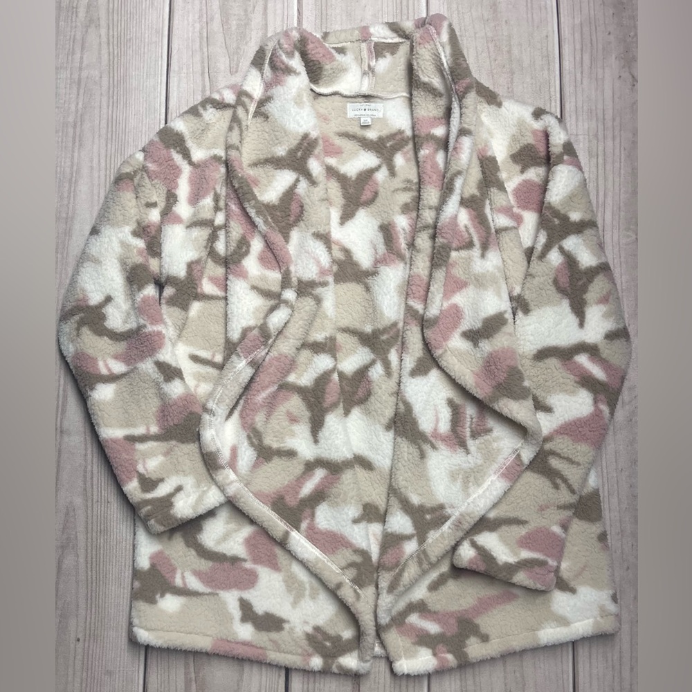 Lucky Brand Women's Size Small Open Front Cardigan Fleece Pink Camouflage Camo